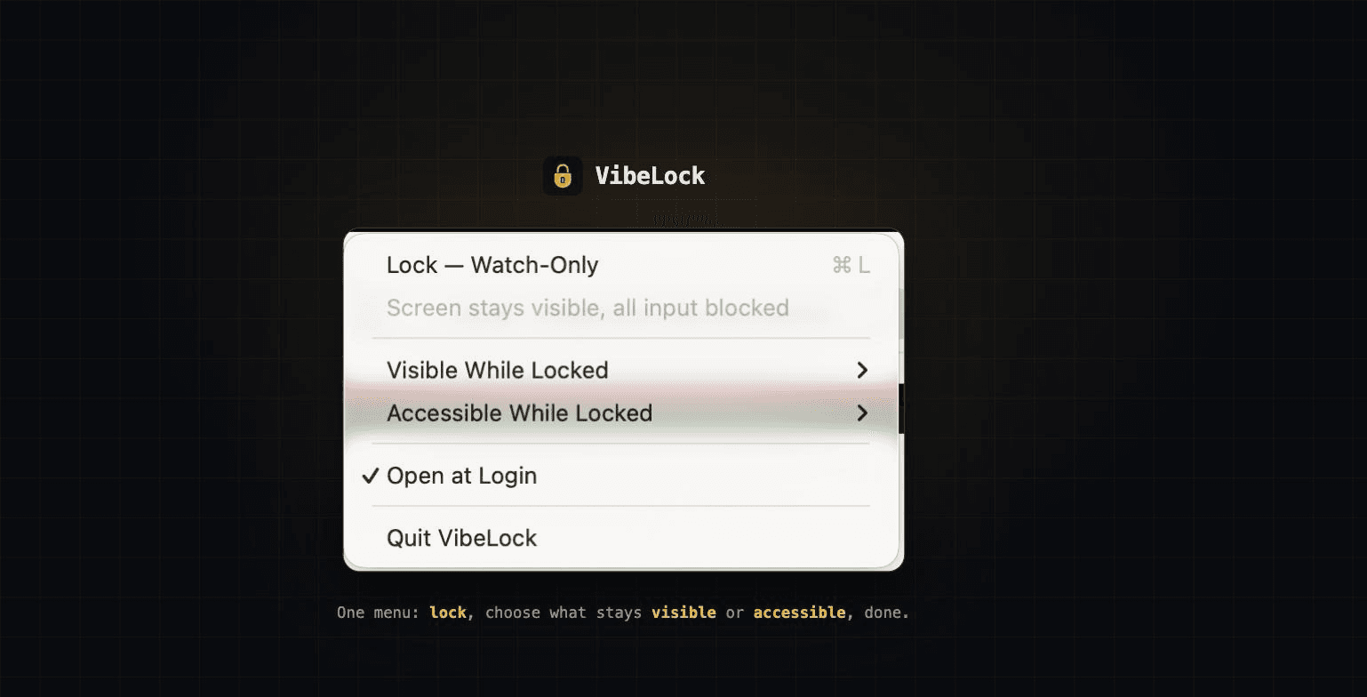 VibeLock menu bar menu with lock action and per-app visibility toggles